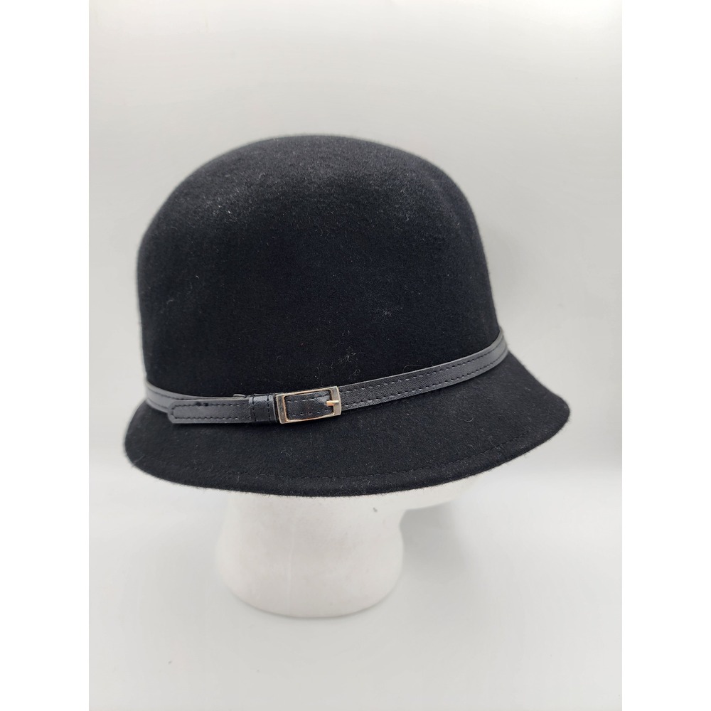 Black Wool Cloche Hat Buckle Accent One Size
